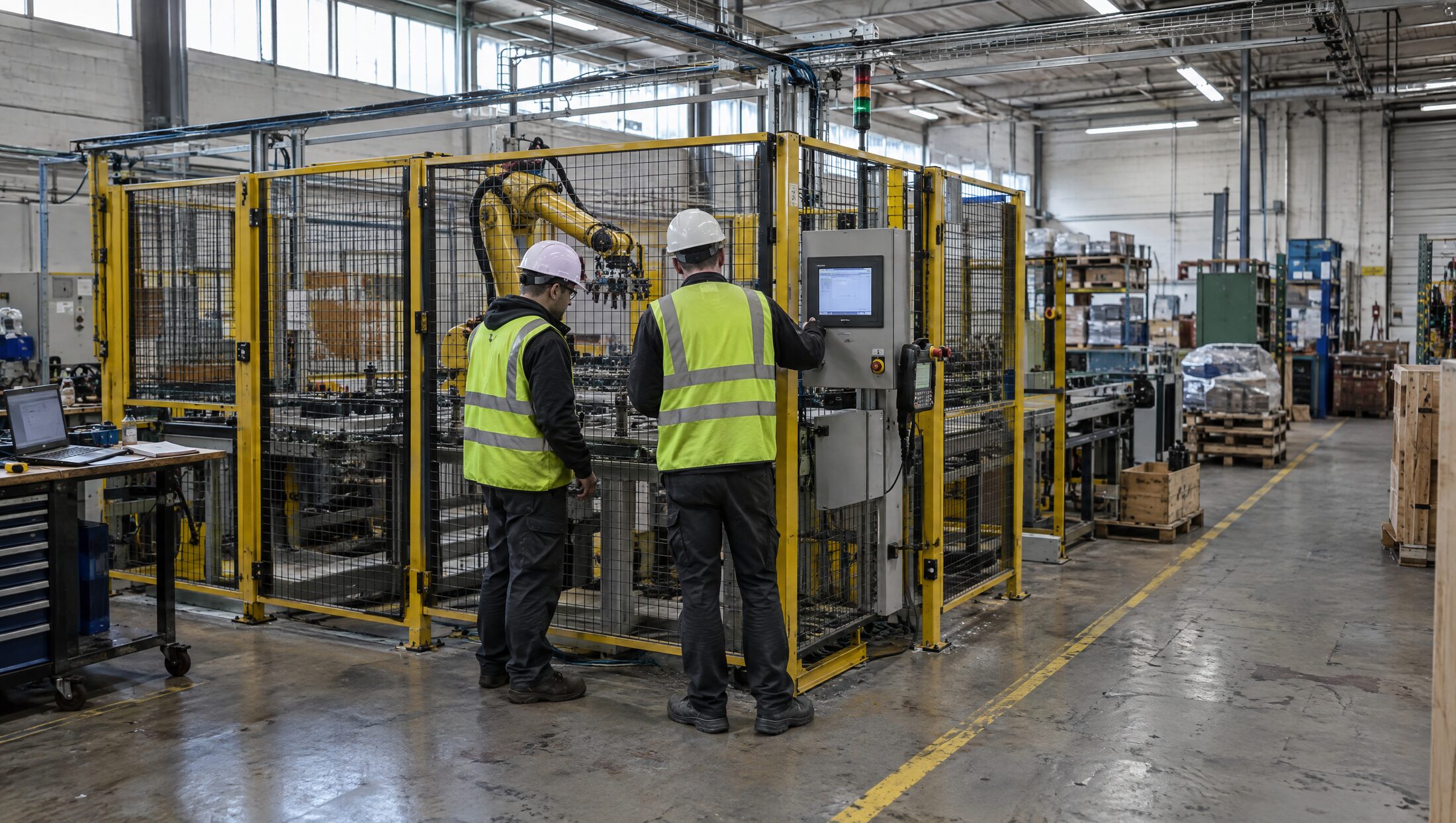 Technicians commissioning a robot cell on a production line